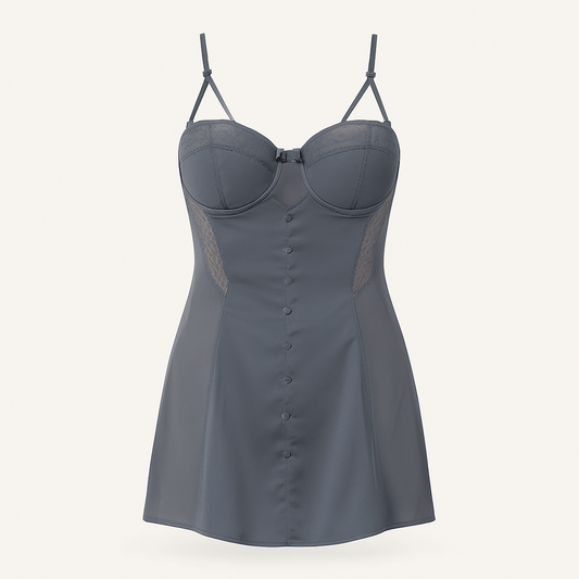 Charcoal Satin Nightwear Set – Bustier Chemise with Matching Kimono Robe - Donna Speziatta