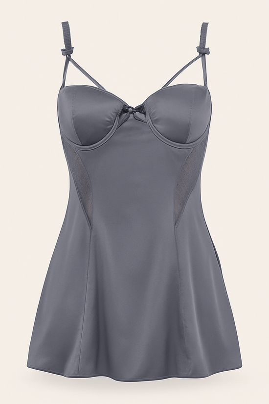 Charcoal Satin Nightwear Set – Bustier Slip Dress with Matching Kimono Robe - Donna Speziatta