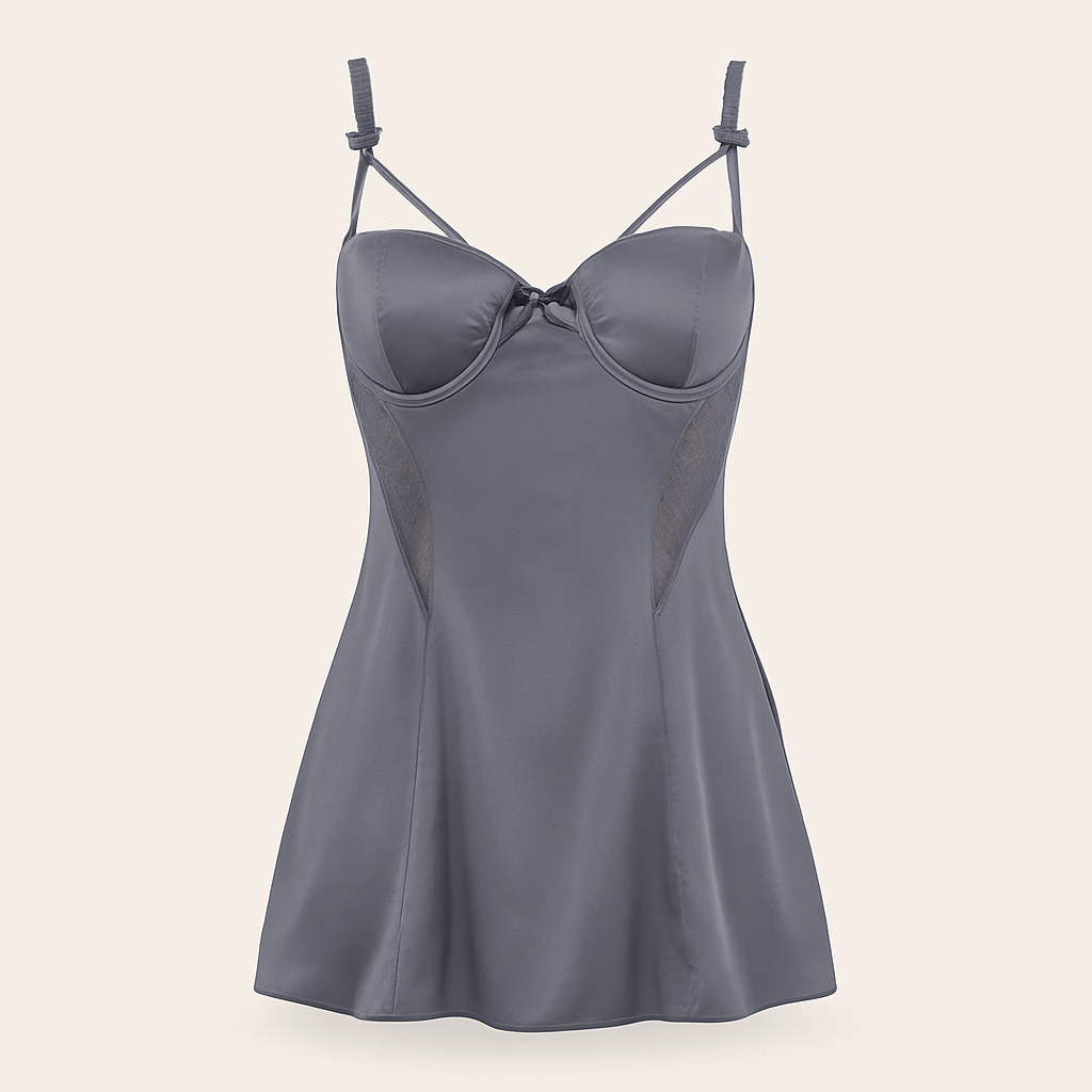 Charcoal Satin Nightwear Set – Bustier Slip Dress with Matching Kimono Robe - Donna Speziatta