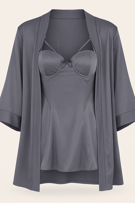 Charcoal Satin Nightwear Set – Bustier Slip Dress with Matching Kimono Robe - Donna Speziatta