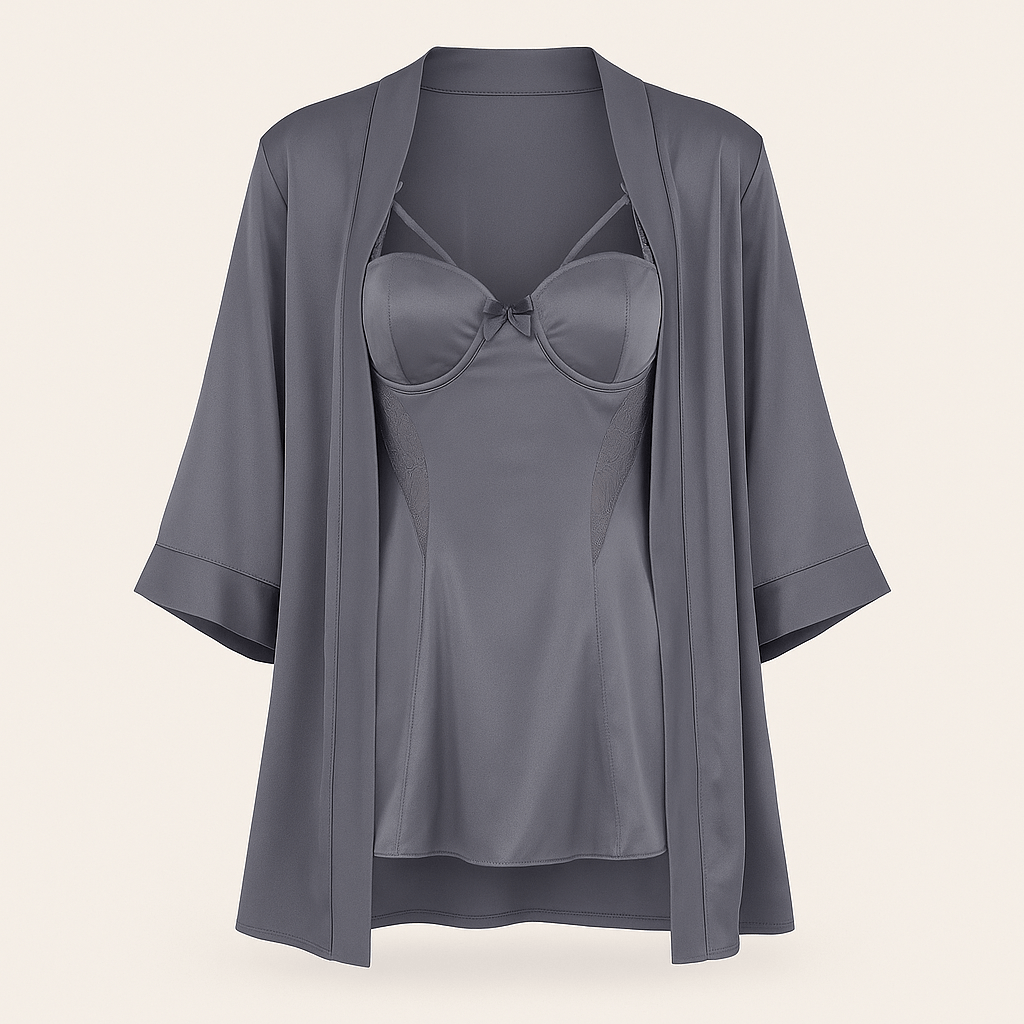 Charcoal Satin Nightwear Set – Bustier Slip Dress with Matching Kimono Robe - Donna Speziatta