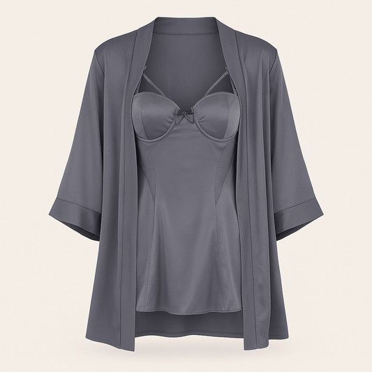 Charcoal Satin Nightwear Set – Bustier Slip Dress with Matching Kimono Robe - Donna Speziatta