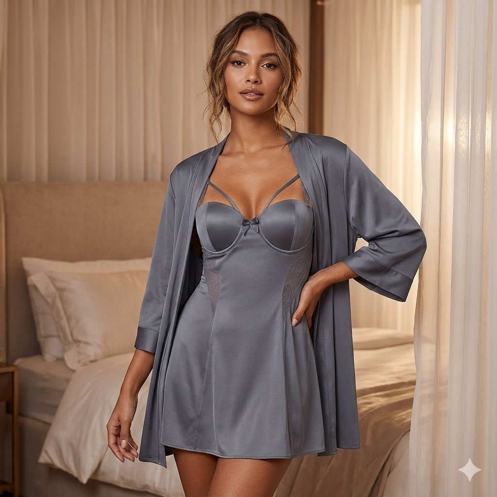 Charcoal Satin Nightwear Set – Bustier Slip Dress with Matching Kimono Robe - Donna Speziatta