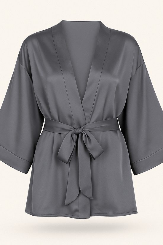 Charcoal Satin Nightwear Set – Bustier Slip Dress with Matching Kimono Robe - Donna Speziatta