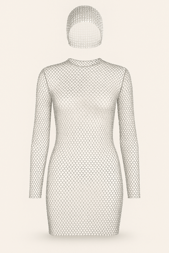 Crystal Mesh Mini Dress with Matching Headpiece – Long Sleeve Rhinestone Party Outfit - Donna Speziatta