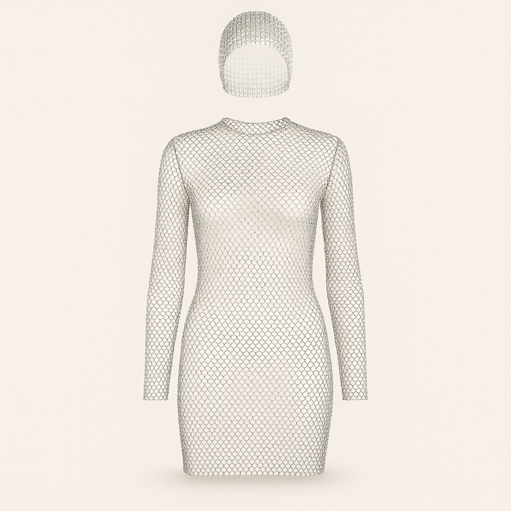 Crystal Mesh Mini Dress with Matching Headpiece – Long Sleeve Rhinestone Party Outfit - Donna Speziatta