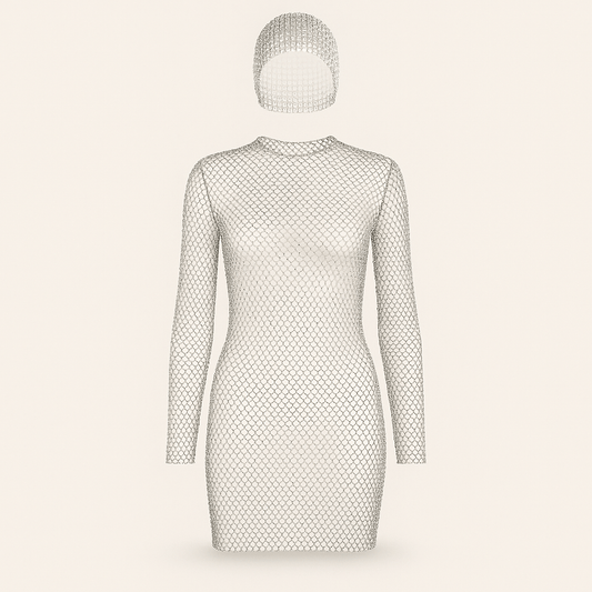Crystal Mesh Mini Dress with Matching Headpiece – Long Sleeve Rhinestone Party Outfit - Donna Speziatta