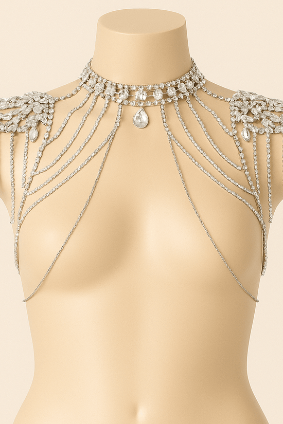 Crystal Shoulder Necklace – Rhinestone Body Jewelry with Draped Chains & Statement Choker - Donna Speziatta