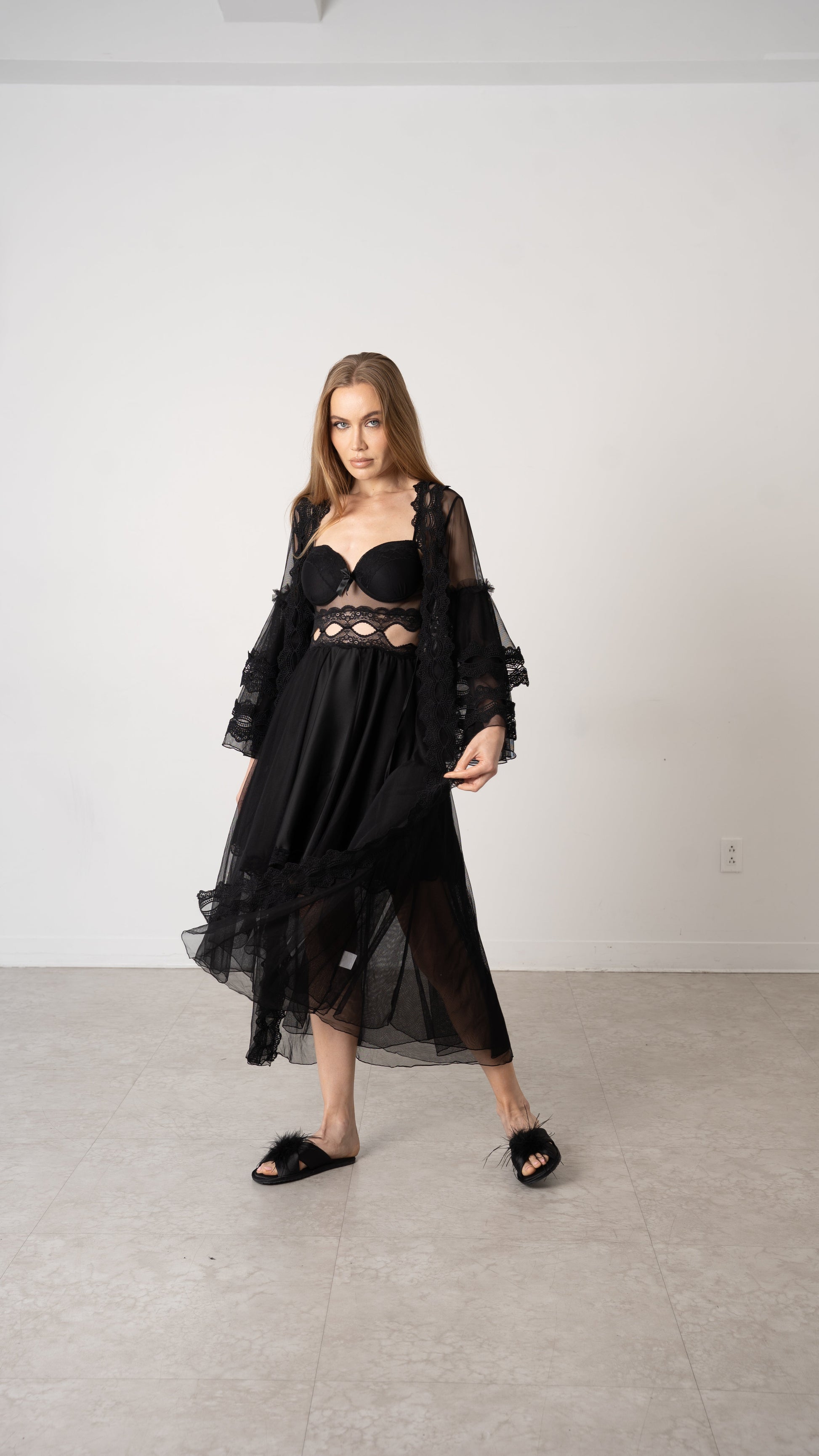 Donna Speziatta Black Lace Balconette Bra with Matching Satin Robe - Donna Speziatta