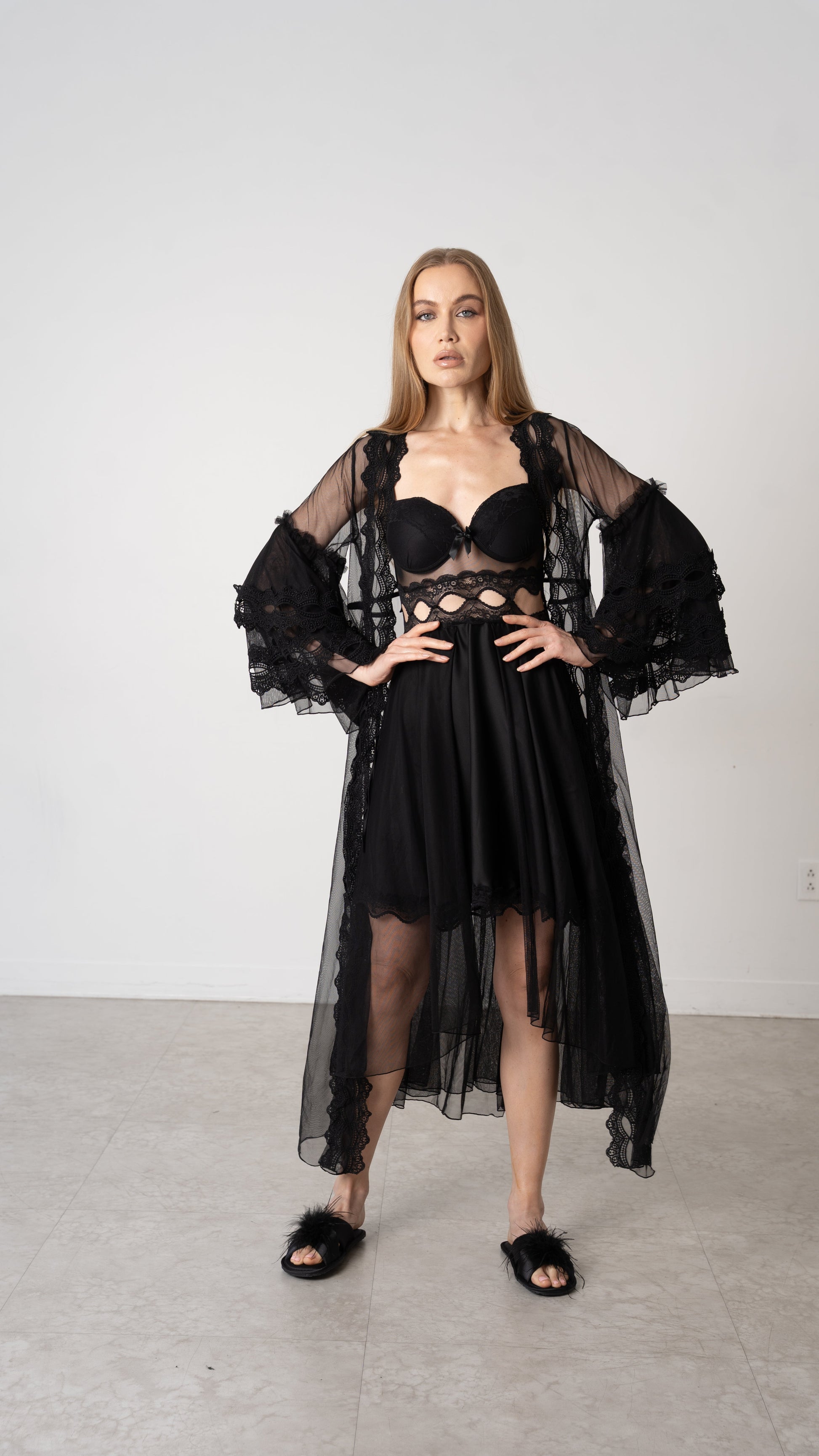 Donna Speziatta Black Lace Balconette Bra with Matching Satin Robe - Donna Speziatta