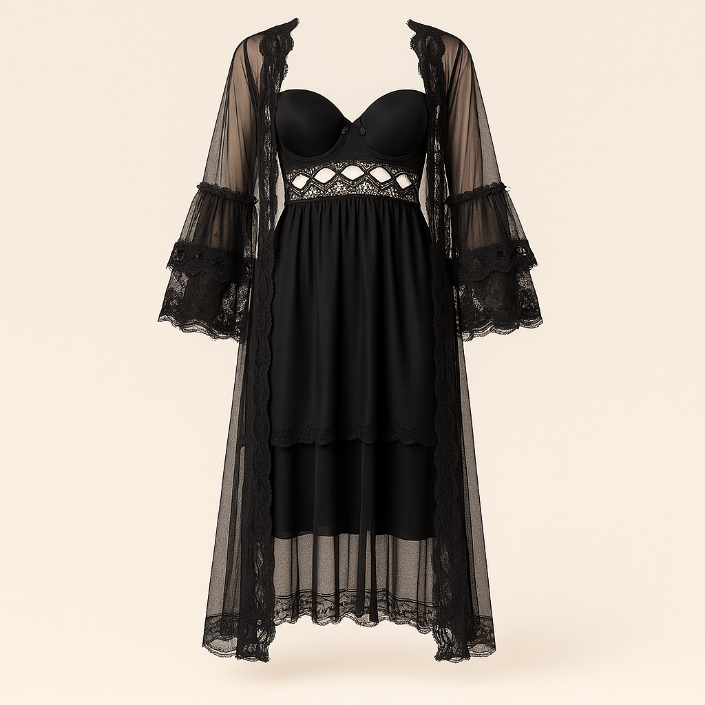 Donna Speziatta Black Lace Balconette Bra with Matching Satin Robe - Donna Speziatta