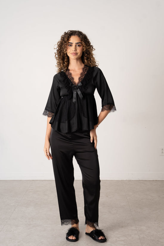 Donna Speziatta Black Satin Pajama Set with Lace Trim - Donna Speziatta