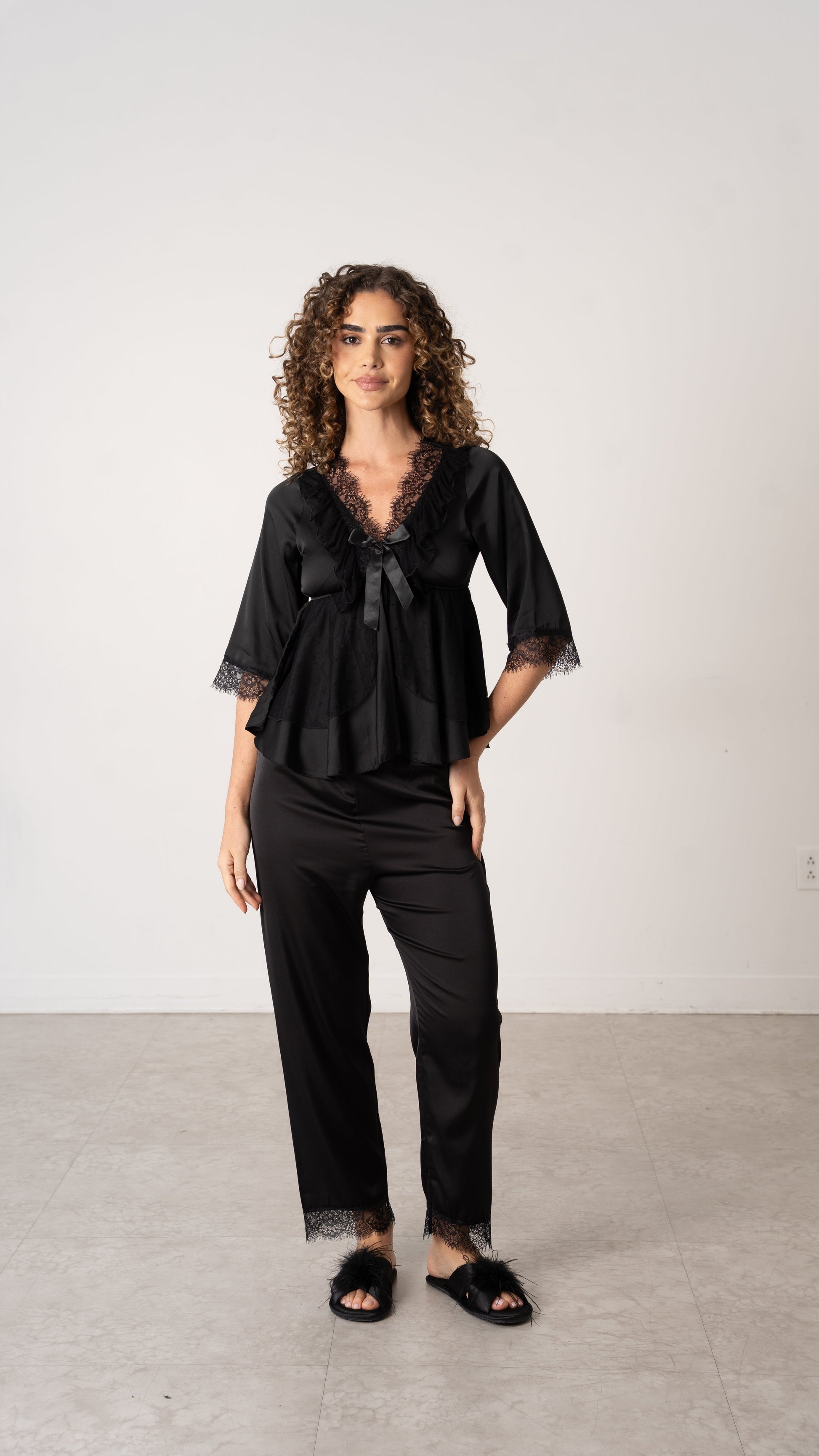 Donna Speziatta Black Satin Pajama Set with Lace Trim - Donna Speziatta