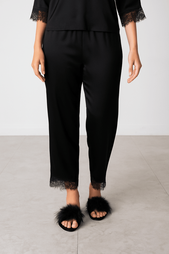 Donna Speziatta Black Satin Pajama Set with Lace Trim - Donna Speziatta