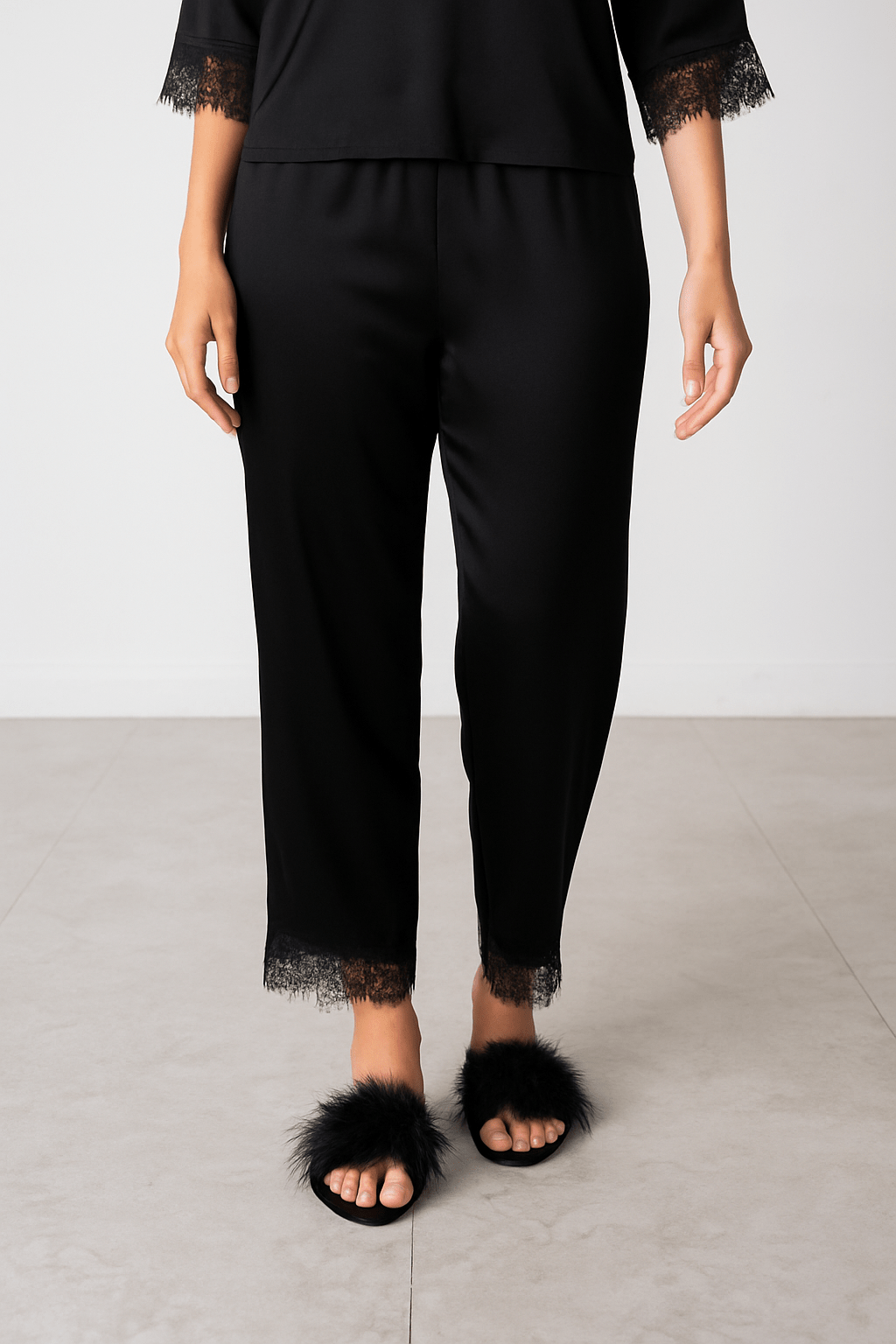 Donna Speziatta Black Satin Pajama Set with Lace Trim - Donna Speziatta