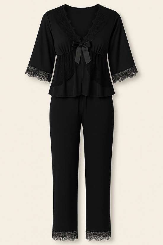 Donna Speziatta Black Satin Pajama Set with Lace Trim - Donna Speziatta