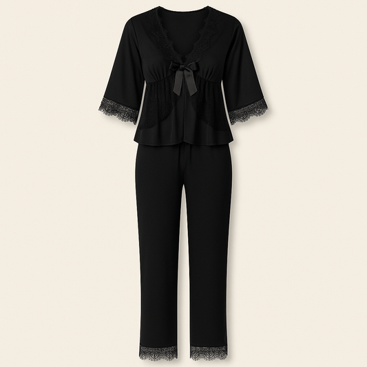 Donna Speziatta Black Satin Pajama Set with Lace Trim - Donna Speziatta
