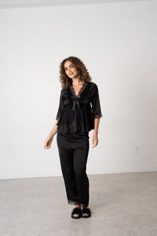 Donna Speziatta Black Satin Pajama Set with Lace Trim - Donna Speziatta