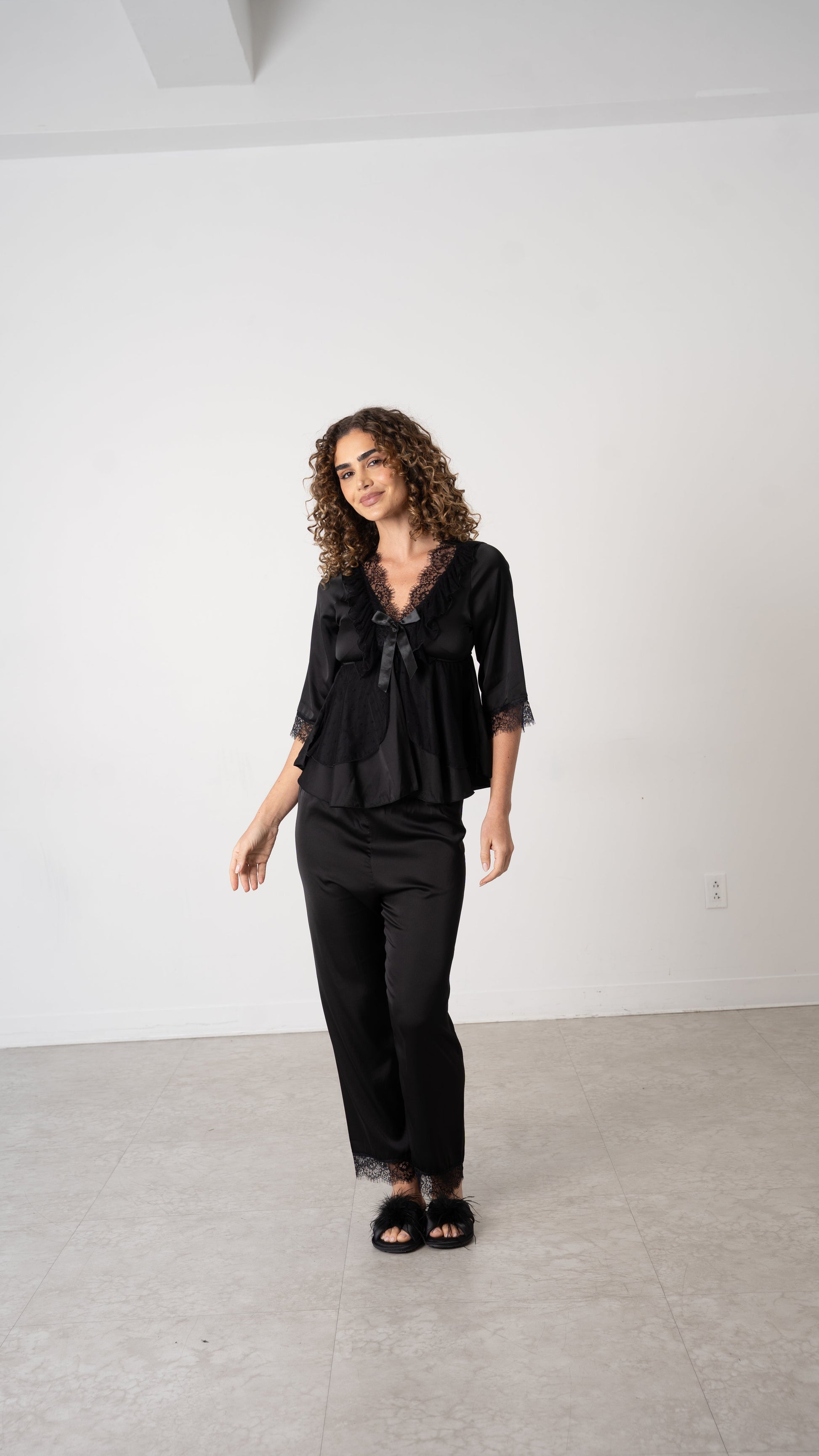 Donna Speziatta Black Satin Pajama Set with Lace Trim - Donna Speziatta
