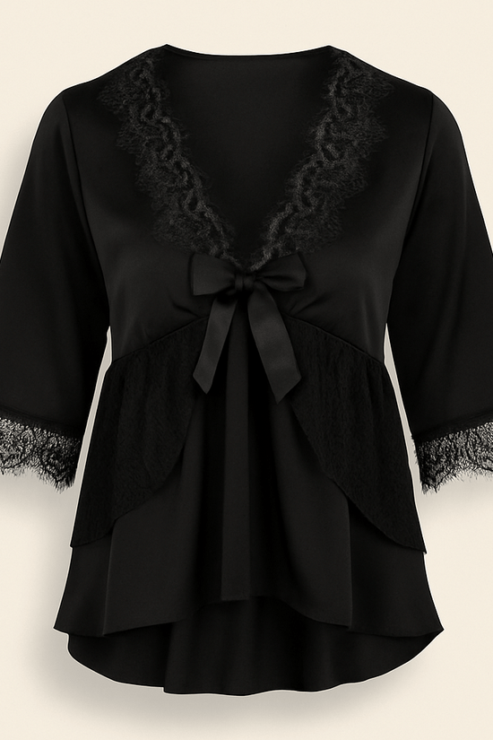 Donna Speziatta Black Satin Pajama Set with Lace Trim - Donna Speziatta