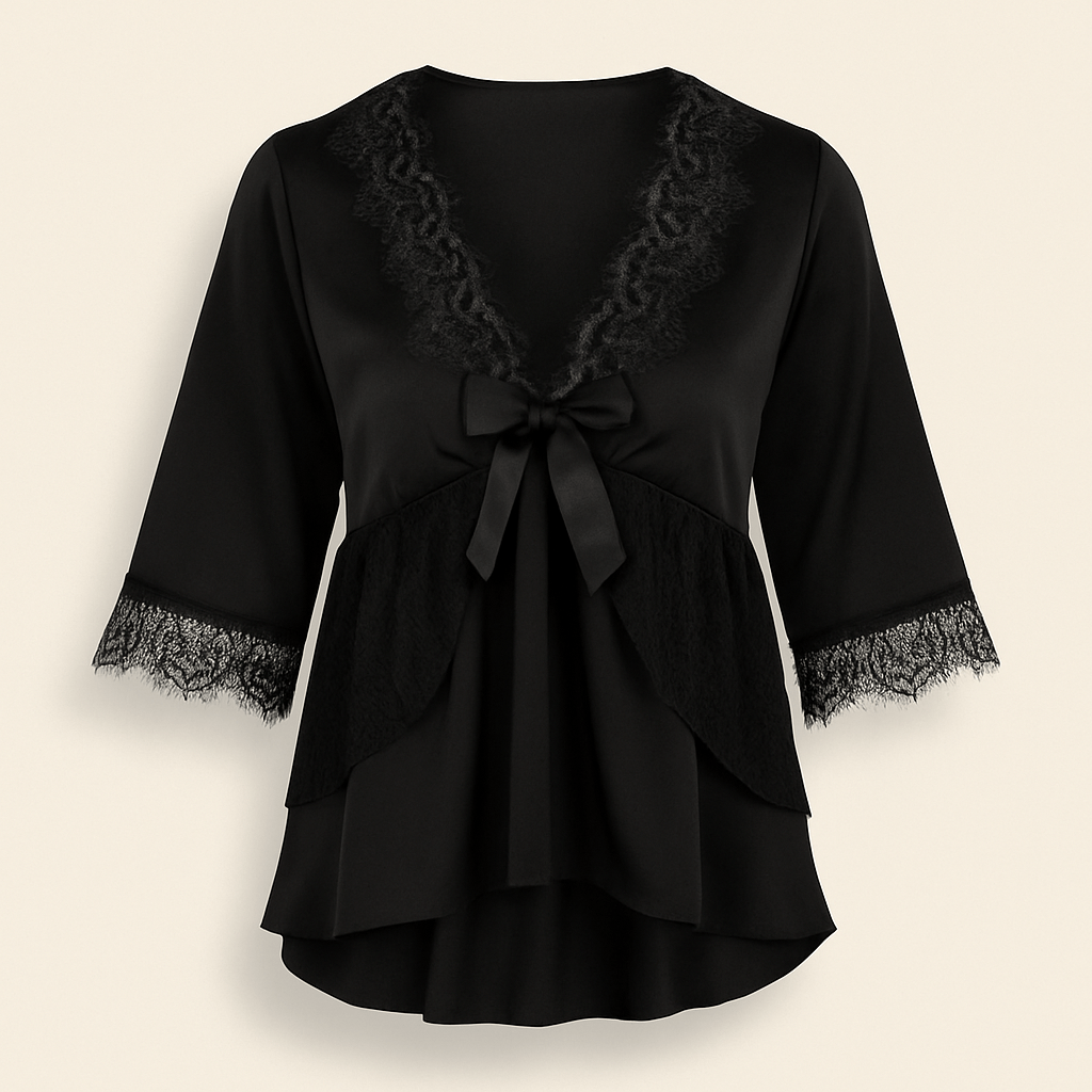 Donna Speziatta Black Satin Pajama Set with Lace Trim - Donna Speziatta