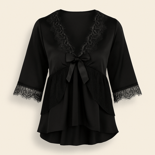 Donna Speziatta Black Satin Pajama Set with Lace Trim - Donna Speziatta