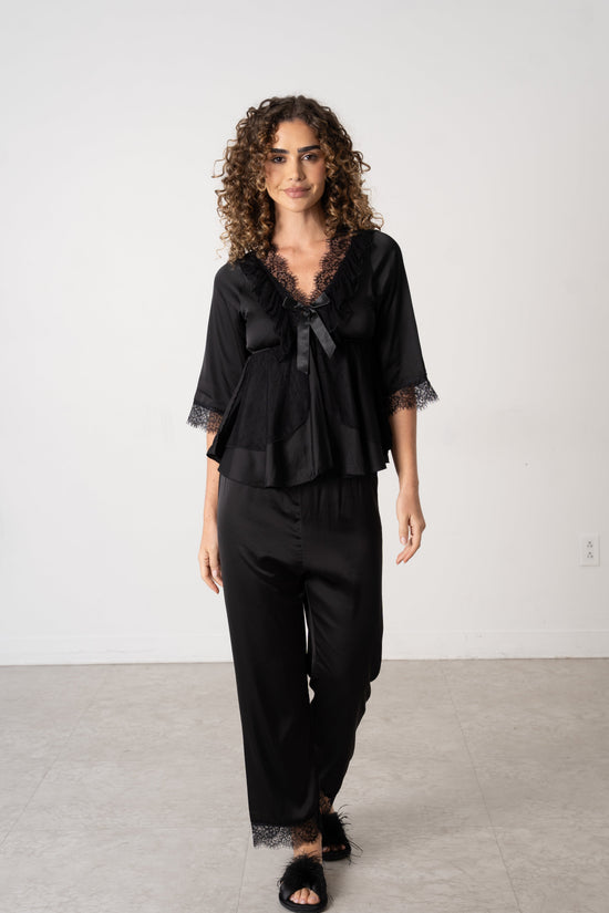 Donna Speziatta Black Satin Pajama Set with Lace Trim - Donna Speziatta