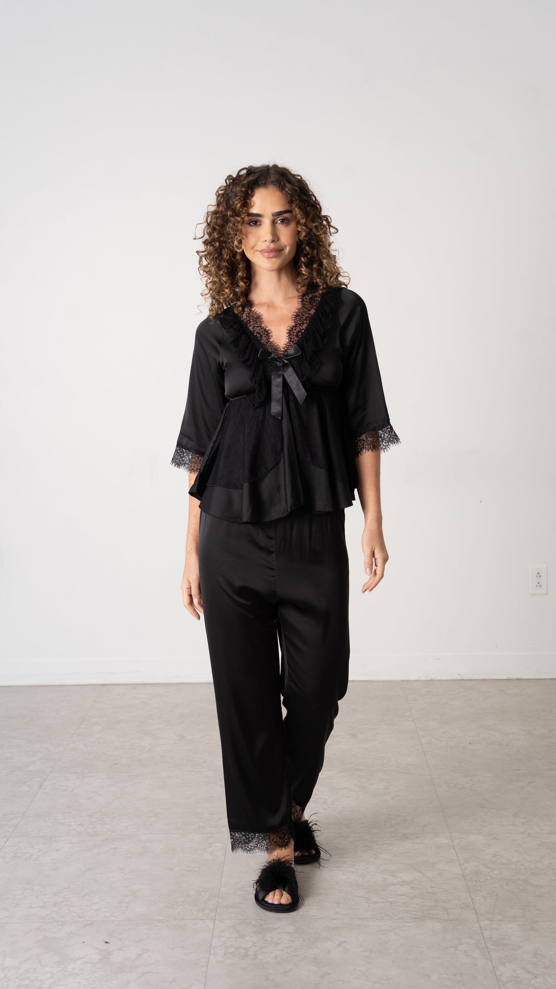 Donna Speziatta Black Satin Pajama Set with Lace Trim - Donna Speziatta