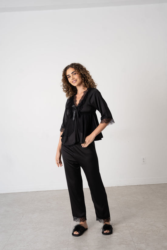 Donna Speziatta Black Satin Pajama Set with Lace Trim - Donna Speziatta