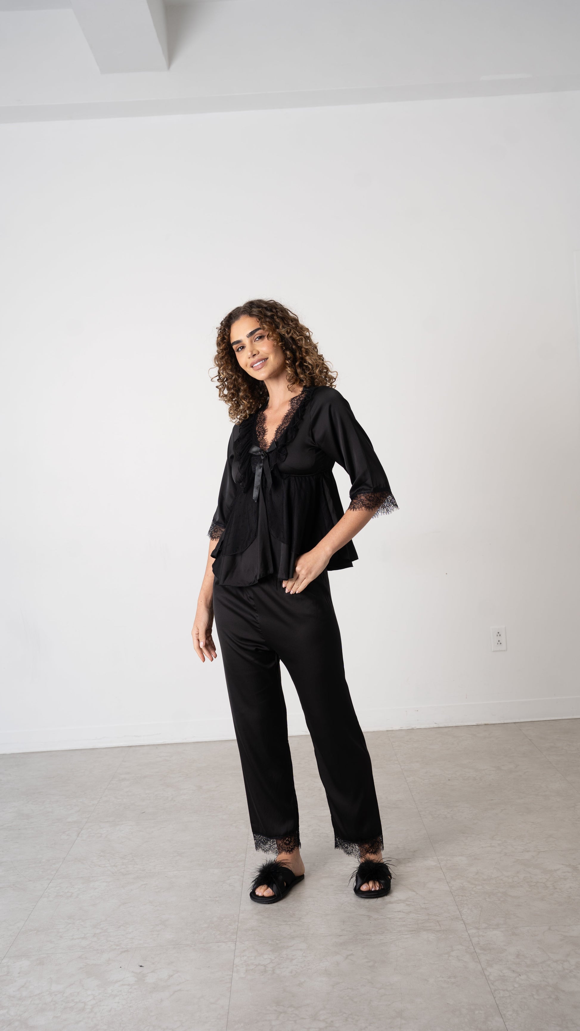 Donna Speziatta Black Satin Pajama Set with Lace Trim - Donna Speziatta