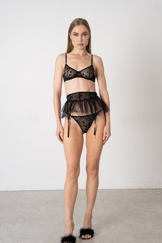 Donna Speziatta Black Sheer Mesh Heart Lingerie Set with Garter Belt – 3 Piece Bra, Panty & Garter - Donna Speziatta