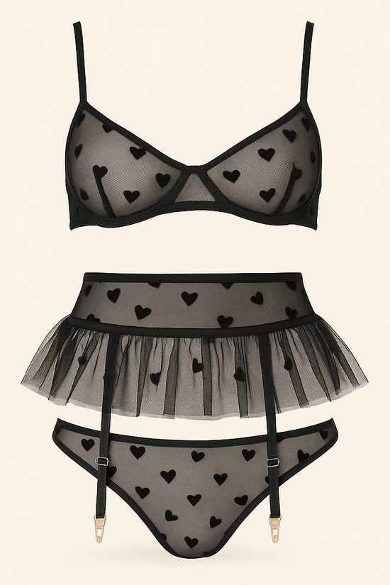 Donna Speziatta Black Sheer Mesh Heart Lingerie Set with Garter Belt – 3 Piece Bra, Panty & Garter - Donna Speziatta