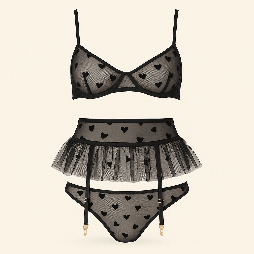 Donna Speziatta Black Sheer Mesh Heart Lingerie Set with Garter Belt – 3 Piece Bra, Panty & Garter - Donna Speziatta