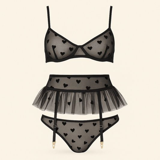 Donna Speziatta Black Sheer Mesh Heart Lingerie Set with Garter Belt – 3 Piece Bra, Panty & Garter - Donna Speziatta