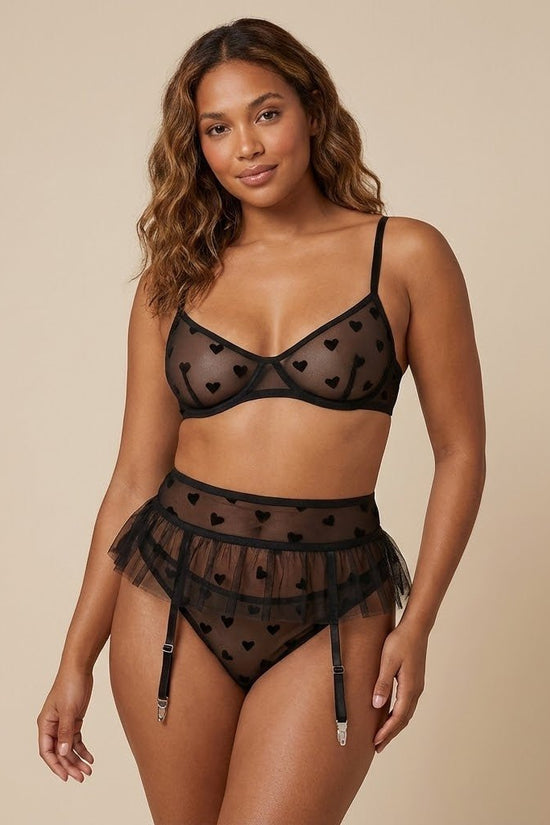 Donna Speziatta Black Sheer Mesh Heart Lingerie Set with Garter Belt – 3 Piece Bra, Panty & Garter - Donna Speziatta