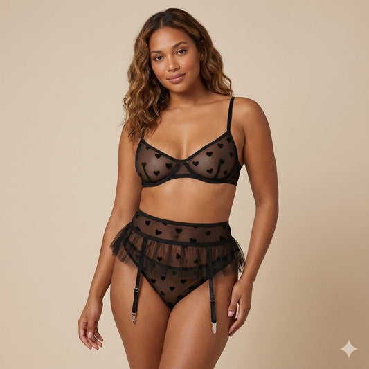 Donna Speziatta Black Sheer Mesh Heart Lingerie Set with Garter Belt – 3 Piece Bra, Panty & Garter - Donna Speziatta