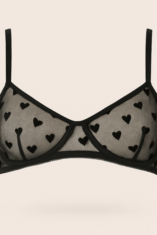 Donna Speziatta Black Sheer Mesh Heart Lingerie Set with Garter Belt – 3 Piece Bra, Panty & Garter - Donna Speziatta