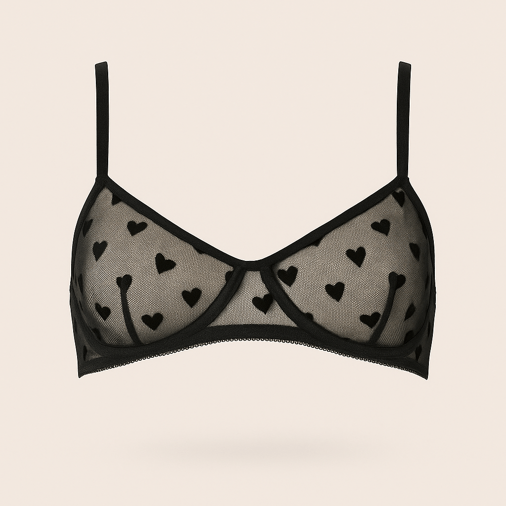Donna Speziatta Black Sheer Mesh Heart Lingerie Set with Garter Belt – 3 Piece Bra, Panty & Garter - Donna Speziatta
