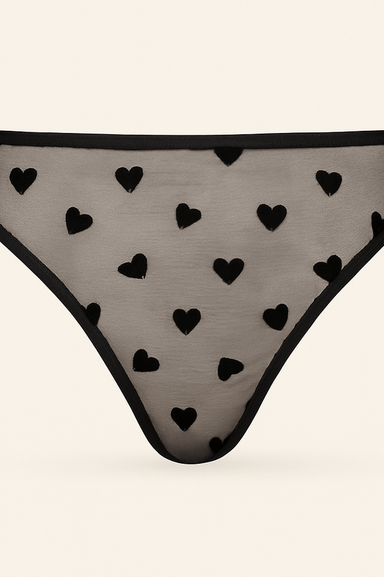 Donna Speziatta Black Sheer Mesh Heart Lingerie Set with Garter Belt – 3 Piece Bra, Panty & Garter - Donna Speziatta