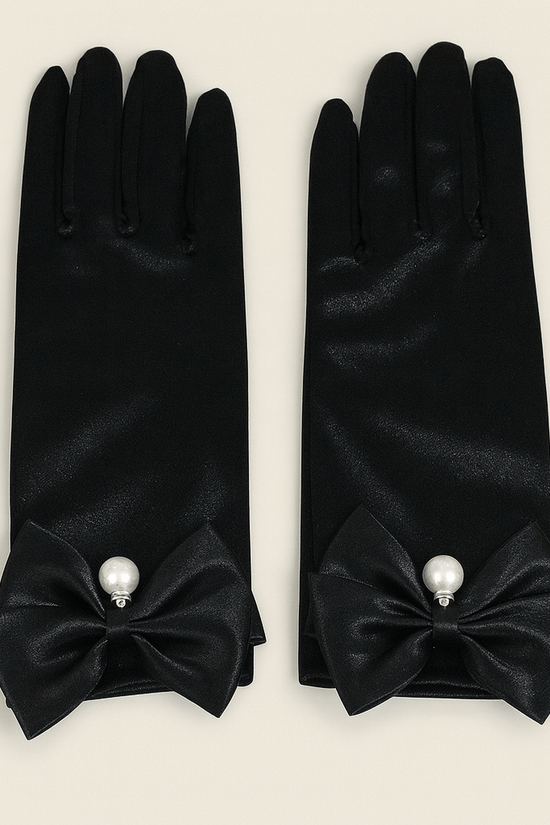 Elegant Satin Dress Gloves – Wrist - Length with Bow & Pearl Detail (Black & White) - Donna Speziatta