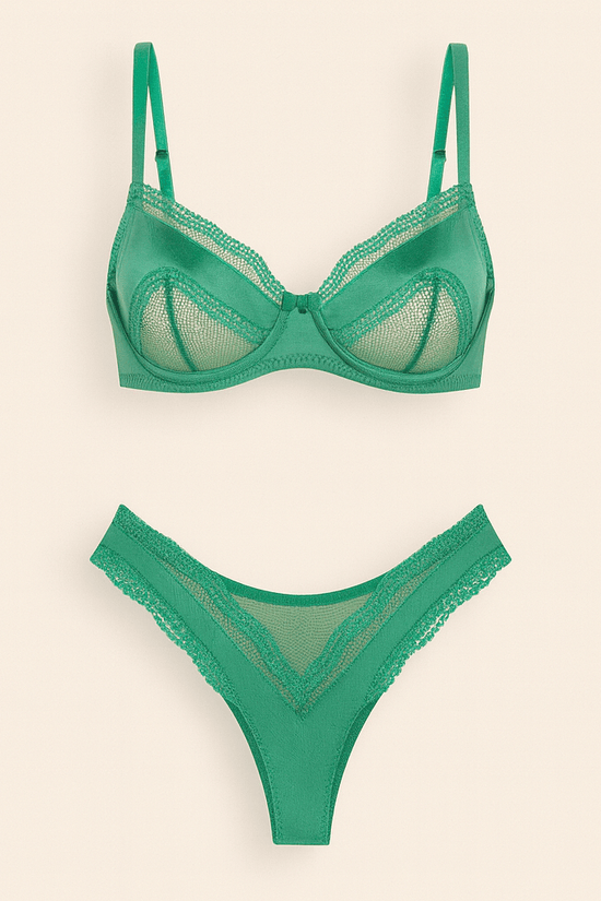 Emerald Green Lace Lingerie Set – Underwire Bra & Matching Panty - Donna Speziatta