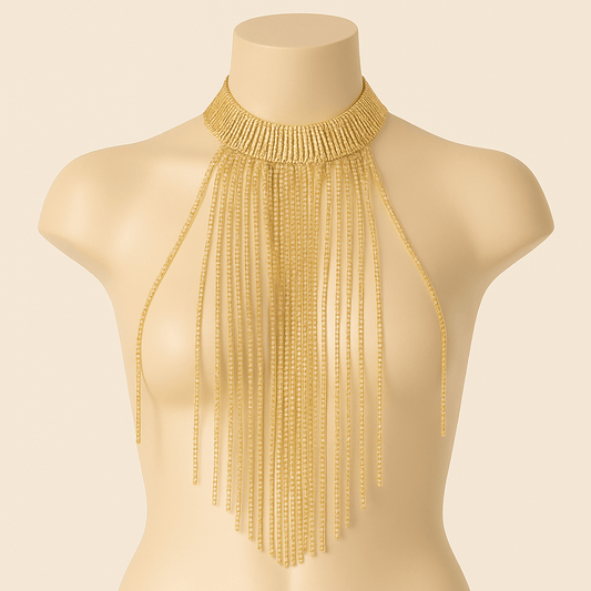 Gold Fringe Statement Necklace – Bold Choker with Long Layered Tassel Chains - Donna Speziatta