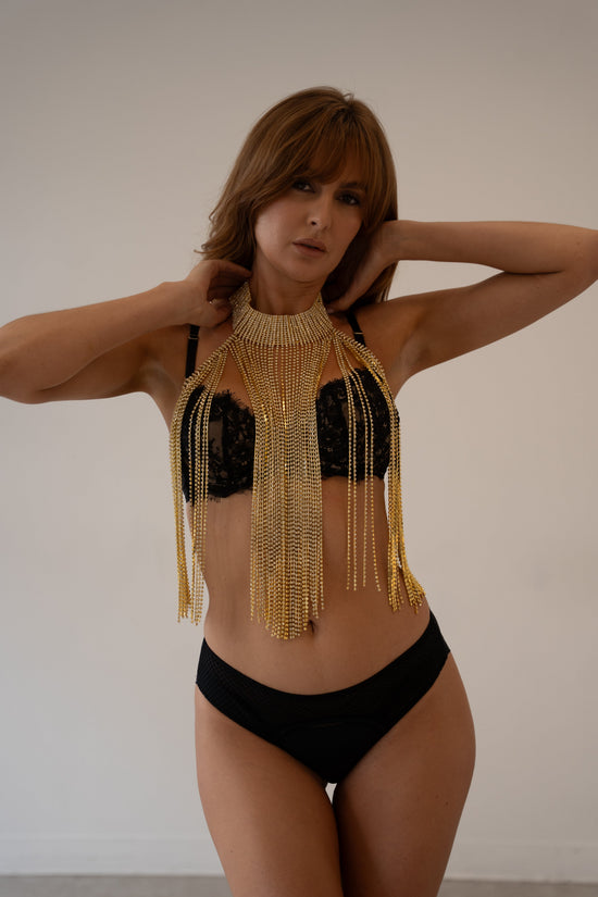 Gold Fringe Statement Necklace – Bold Choker with Long Layered Tassel Chains - Donna Speziatta
