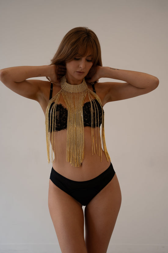 Gold Fringe Statement Necklace – Bold Choker with Long Layered Tassel Chains - Donna Speziatta
