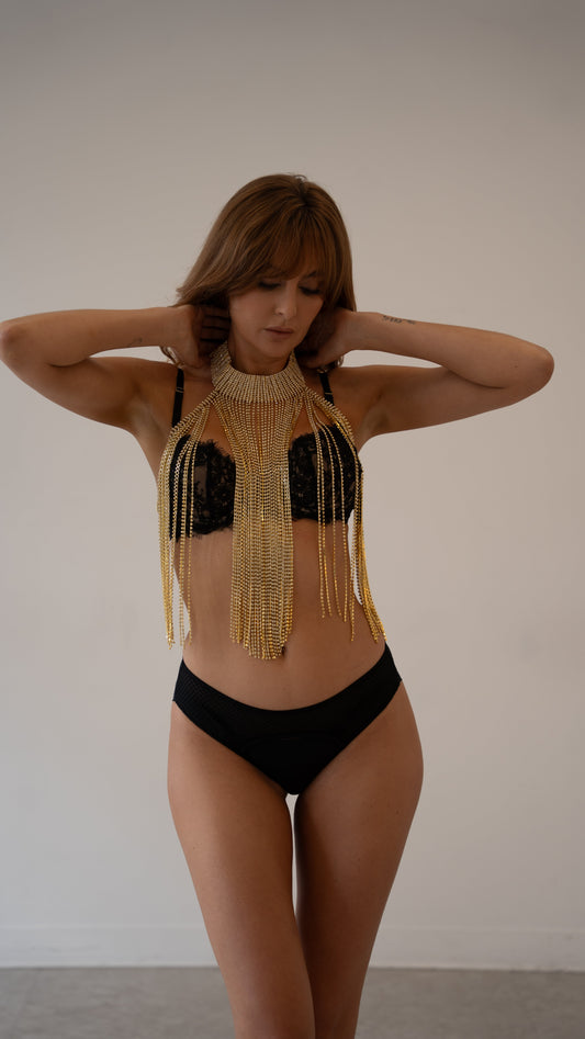 Gold Fringe Statement Necklace – Bold Choker with Long Layered Tassel Chains - Donna Speziatta