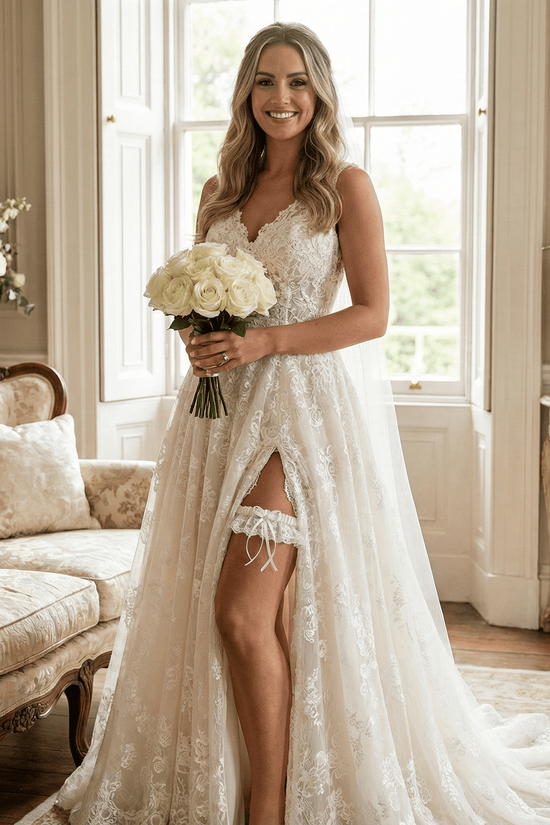 Ivory Lace Bridal Garter with Satin Bow & Crystal Accent - Donna Speziatta