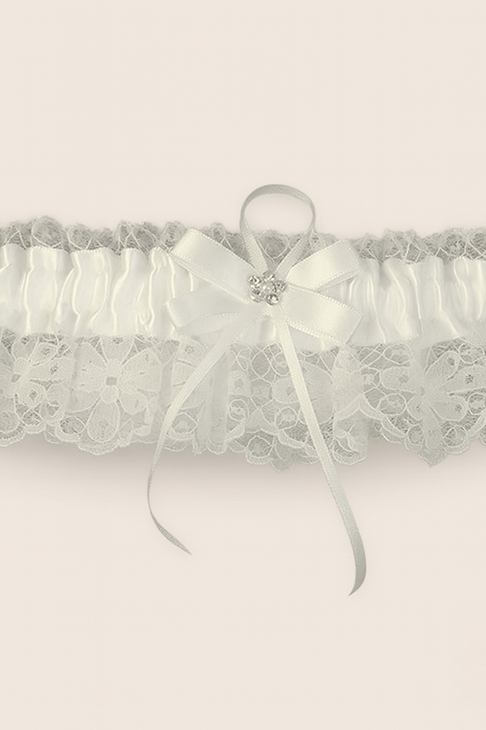 Ivory Lace Bridal Garter with Satin Bow & Crystal Accent - Donna Speziatta
