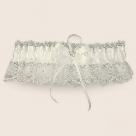 Ivory Lace Bridal Garter with Satin Bow & Crystal Accent - Donna Speziatta