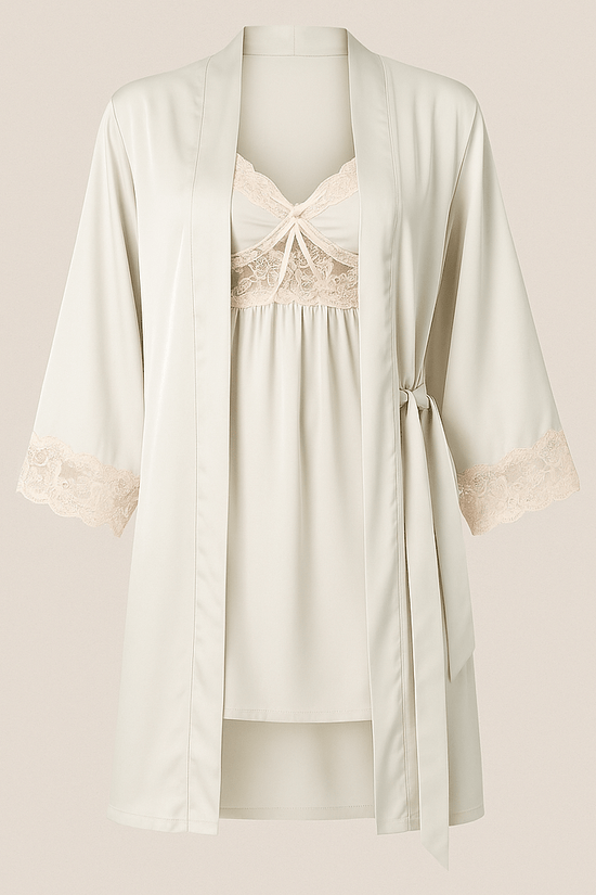 Ivory Satin & Lace Bridal Nightwear Set – Chemise Slip Dress with Matching Robe - Donna Speziatta