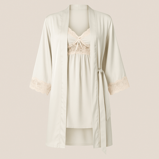 Ivory Satin & Lace Bridal Nightwear Set – Chemise Slip Dress with Matching Robe - Donna Speziatta